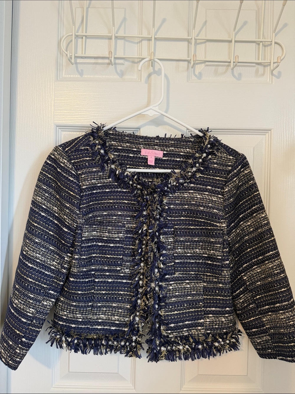 Lilly Pulitzer Navy,Cream & Gold Tweed Fringe Jacket